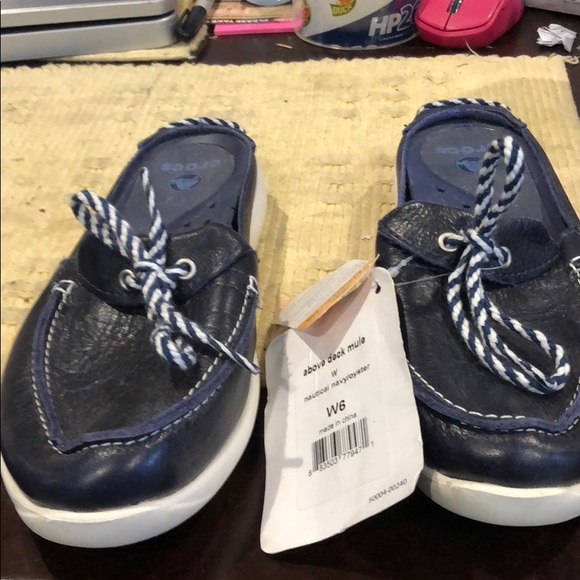 Crocs above deck mule in nautical navy/oyster blue leather used - Picture 1 of 10